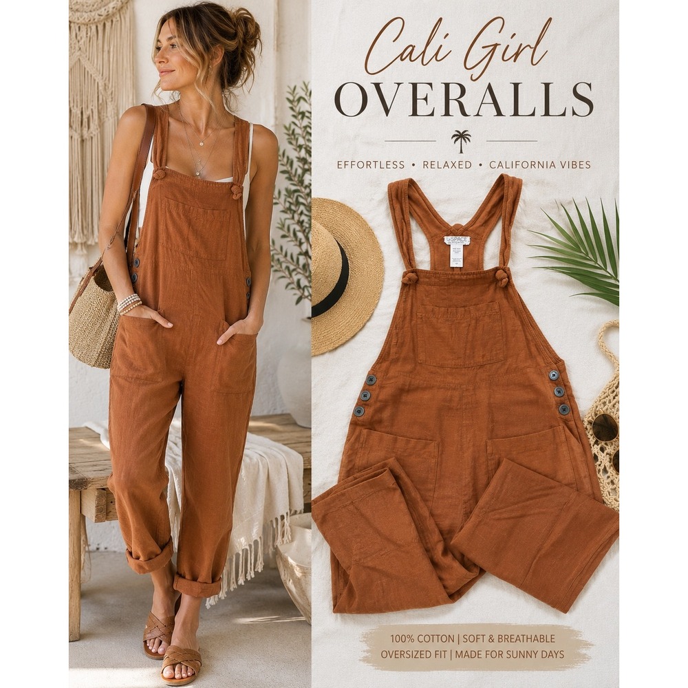 L*Space Cali Girl Cotton Gauze‎ Overalls Rust Brown Wide Leg Boho Utility Small